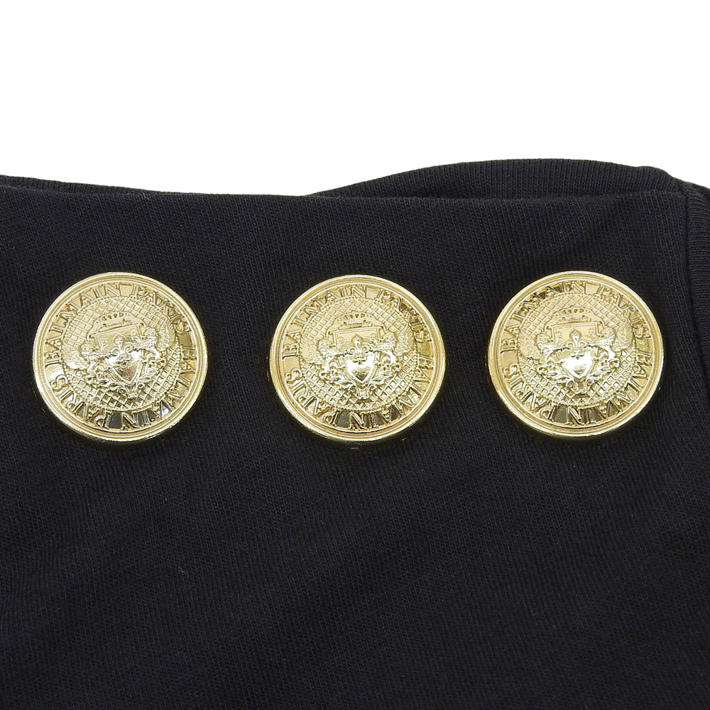 BALMAIN バルマン 美品 コットン ロゴプリント ゴールドボタン Tシャツ トップス レディース 黒 ブラック 34 148120 326I トップス 34