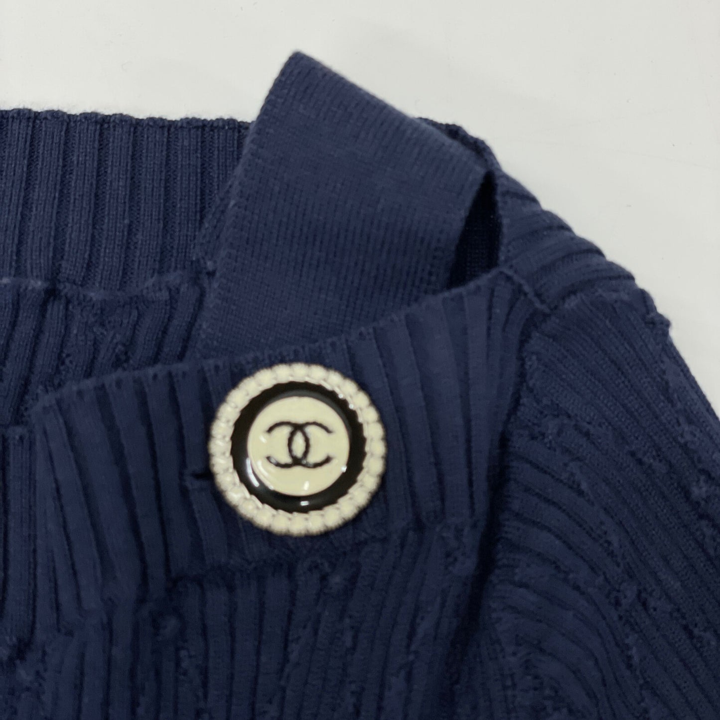 CHANEL シャネル ネイビー×ホワイト P53627 半袖ニットカットソー トップス 34