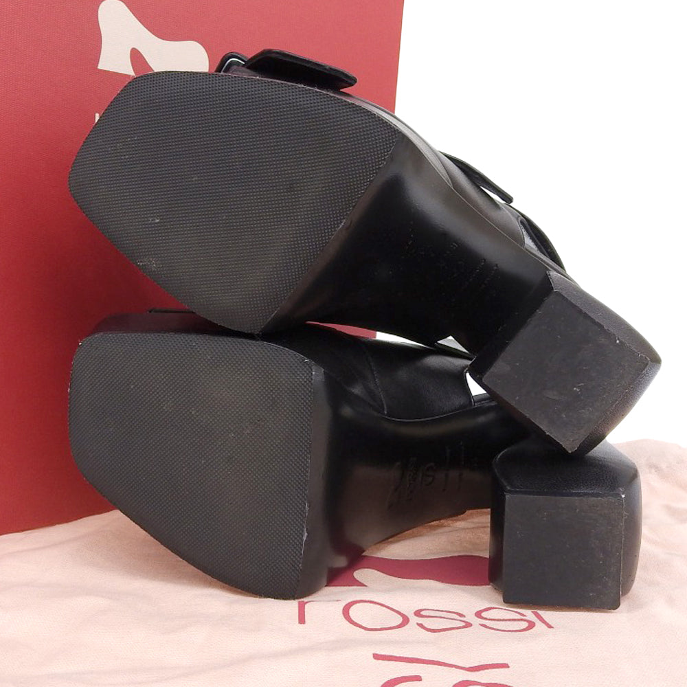 Sergio Rossi セルジオロッシ 美品 Wストラップ レザー ヒール サンダル レディース 黒 ブラック 35 シューズ 35
