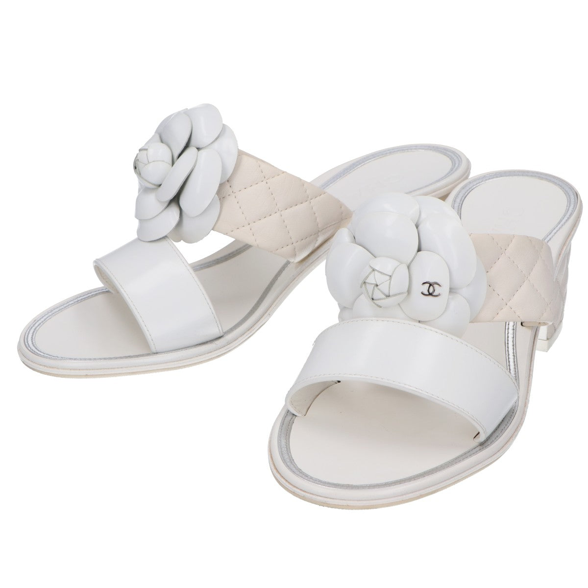 CHANEL シャネル 【美品】IG32781 カメリアモチーフ キルティングレザー チャンキーヒール サンダル シューズ 35C