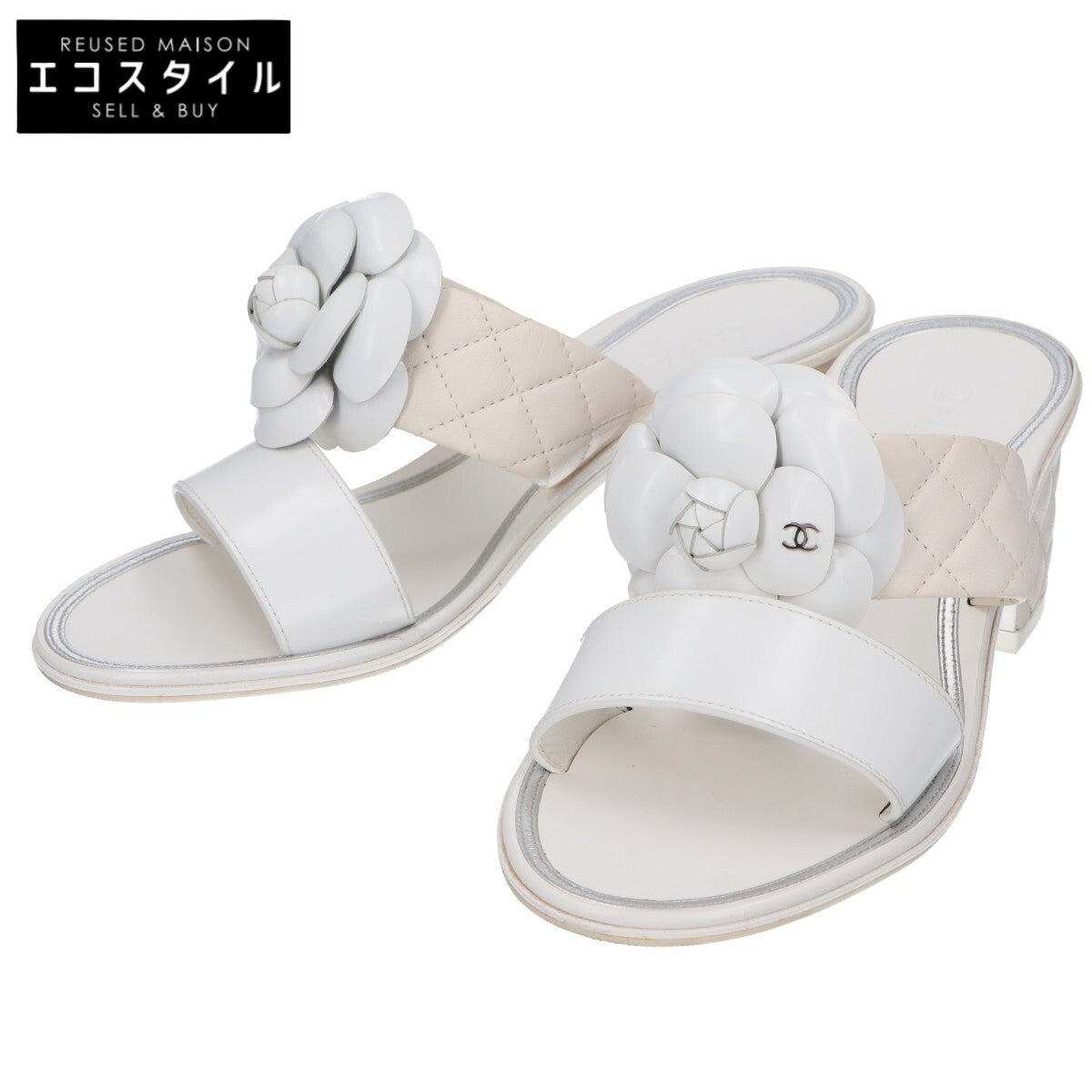CHANEL シャネル 【美品】IG32781 カメリアモチーフ キルティングレザー チャンキーヒール サンダル シューズ 35C