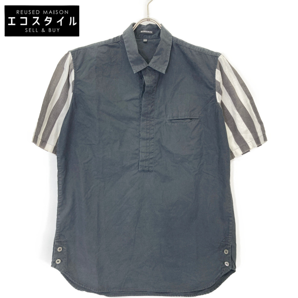 ANN DEMEULEMEESTER アンドゥムルメステール 08年製 ﾈｲﾋﾞｰ 切り替え ﾌﾟﾙｵｰﾊﾞｰｼｬﾂ トップス XXS