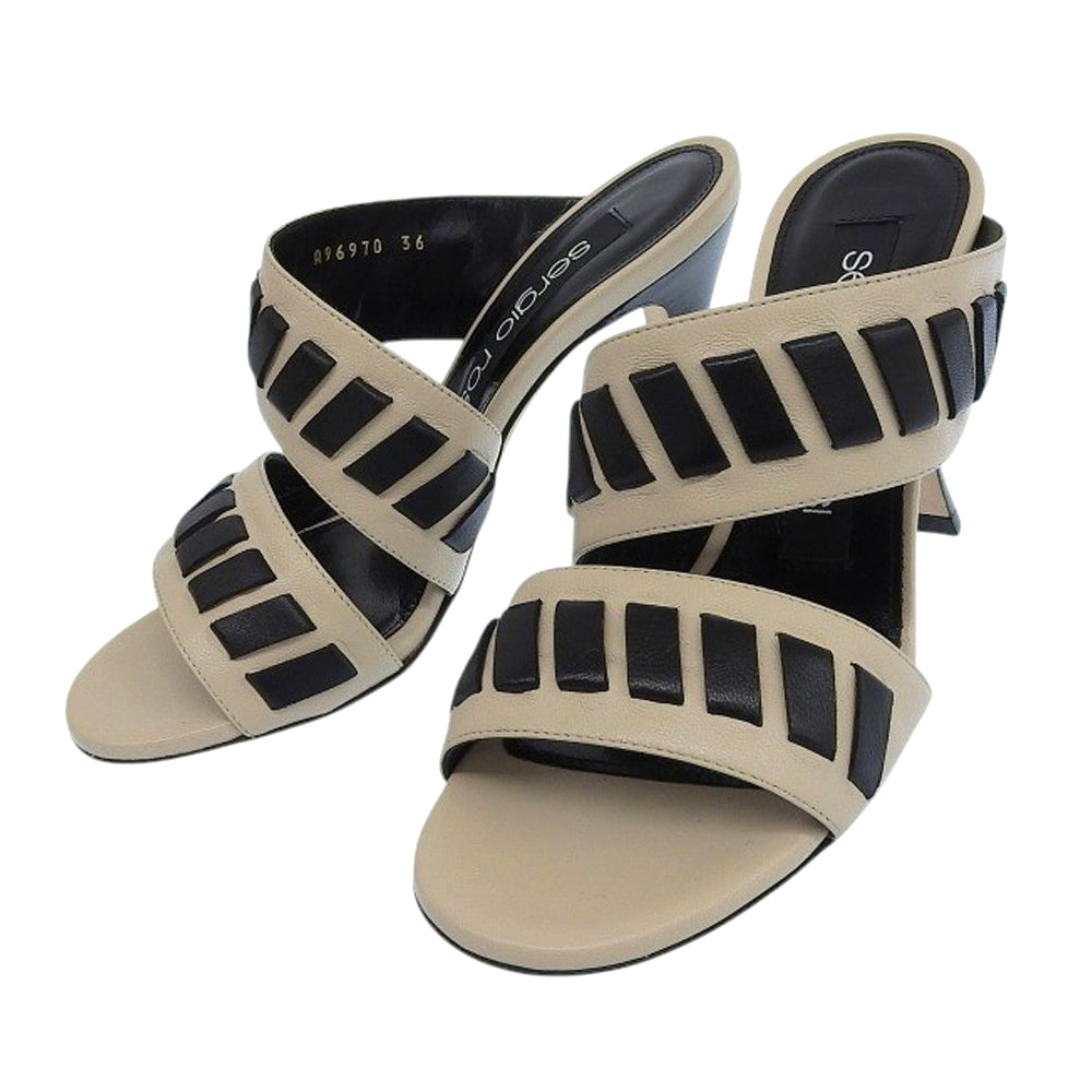 Sergio Rossi セルジオロッシ 新品同様 SR TIEDUP レザー サンダル パンプス レディース チョーク×ブラック 36 パンプス 36