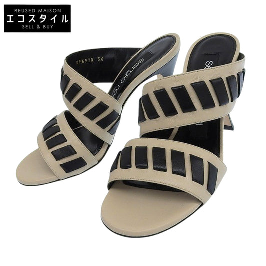 Sergio Rossi セルジオロッシ 新品同様 SR TIEDUP レザー サンダル パンプス レディース チョーク×ブラック 36 パンプス 36