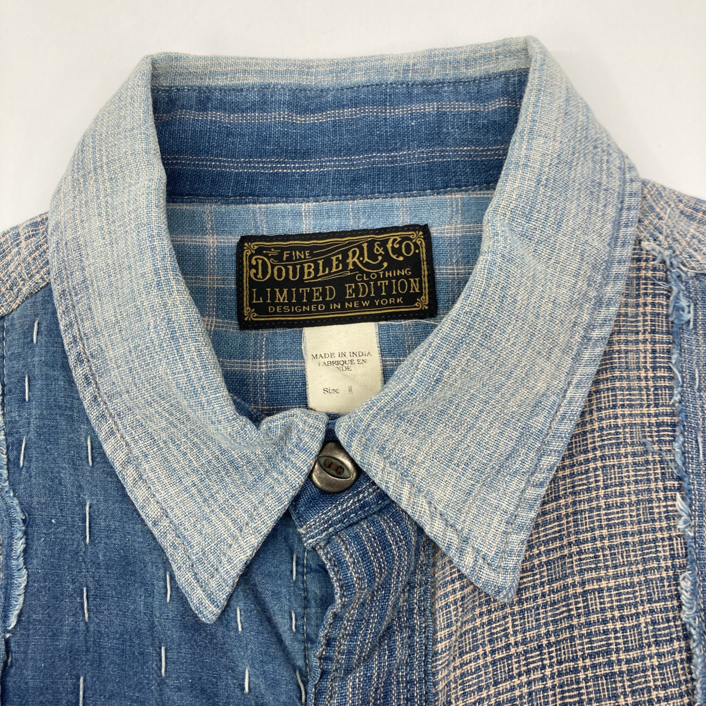 RRL ダブルアールエル ﾘﾐﾃｯﾄﾞｴﾃﾞｨｼｮﾝ ﾌﾞﾙｰ×ｲﾝﾃﾞｨｺﾞ ﾊﾟｯﾁﾜｰｸ ﾃﾞﾆﾑ刺し子 ｼｬﾂ トップス M