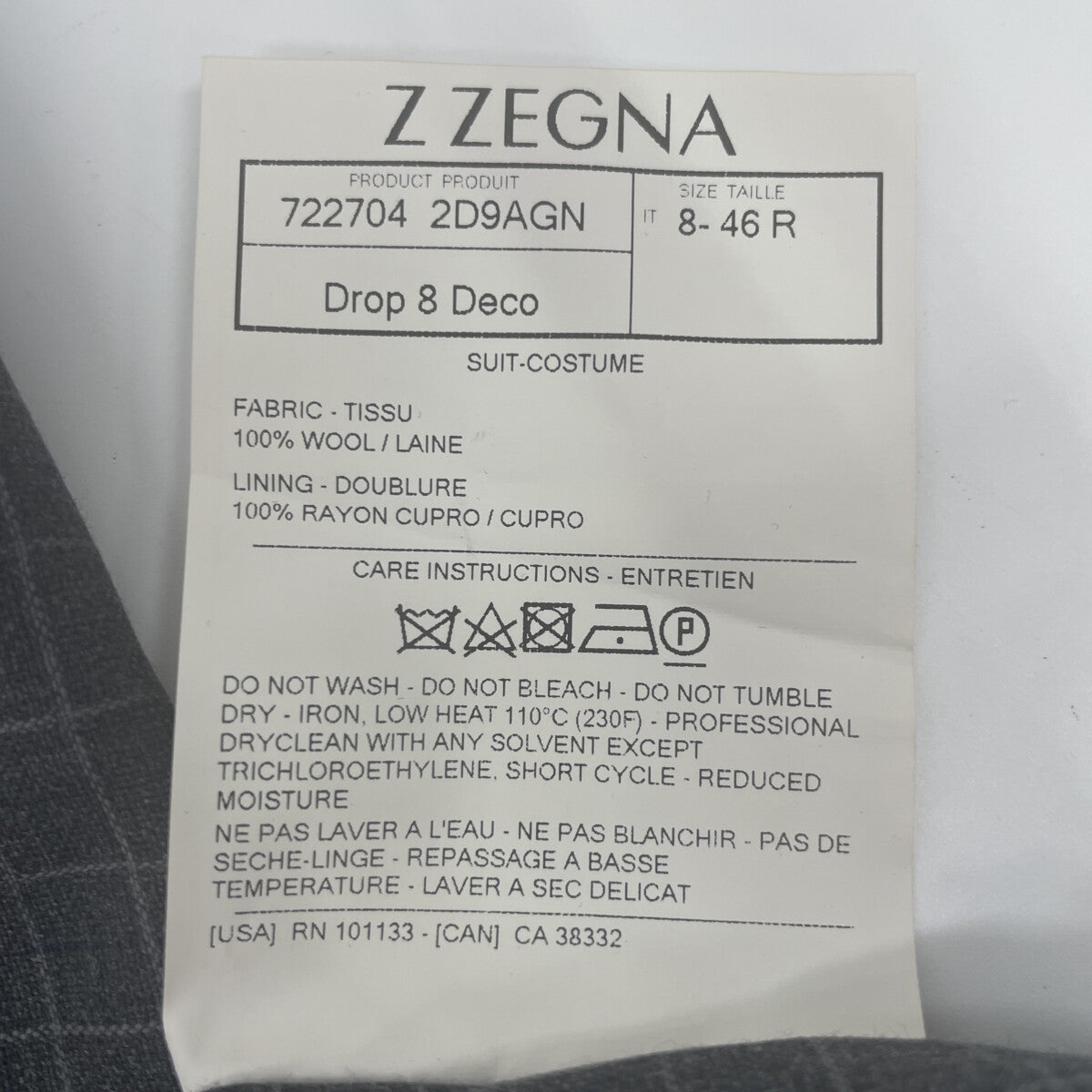 Z Zegna ジーゼニア ﾄﾞﾛｯﾌﾟ8 ｳｰﾙ ﾁｪｯｸ ﾂｰﾋﾟｰｽｽｰﾂ スーツ セットアップ 46