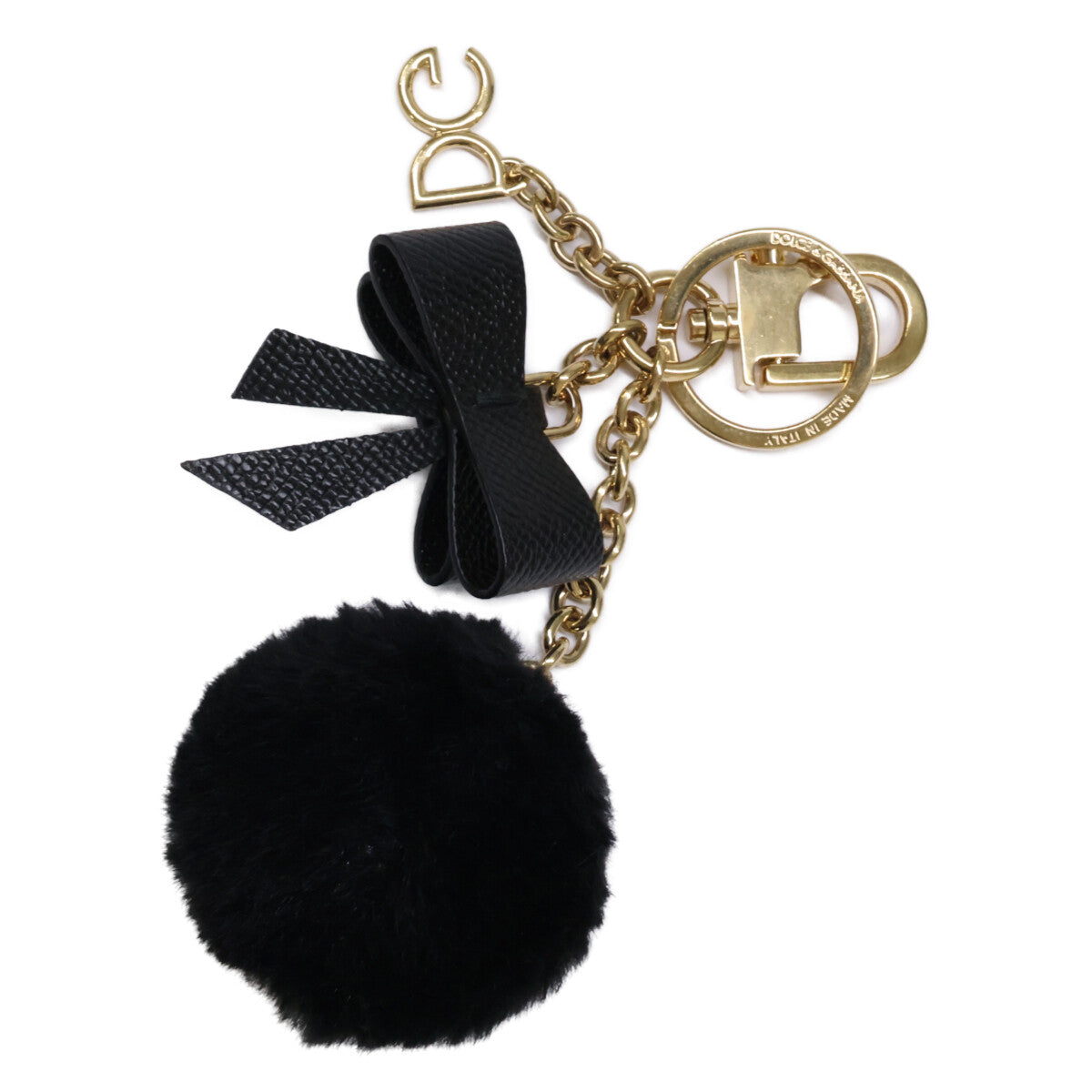 DOLCE&GABBANA ドルチェアンドガッバーナ DGロゴチャーム リボン エコファーポンポン キーリング