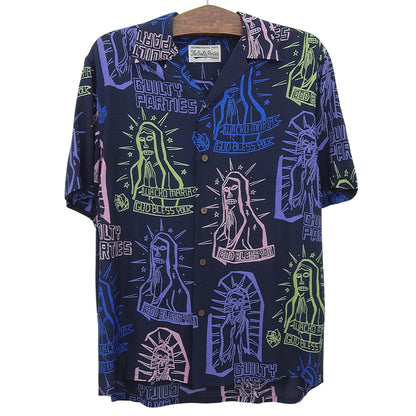 WACKO MARIA ワコマリア レーヨン ペイント 半袖オープンカラーシャツ トップス メンズ ネイビー M トップス M