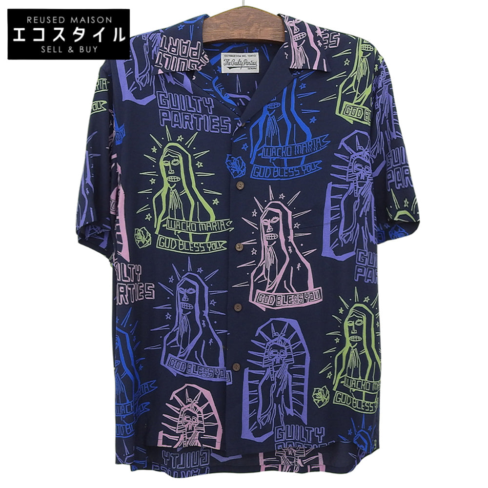 WACKO MARIA ワコマリア レーヨン ペイント 半袖オープンカラーシャツ トップス メンズ ネイビー M トップス M