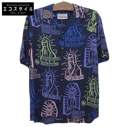 WACKO MARIA ワコマリア レーヨン ペイント 半袖オープンカラーシャツ トップス メンズ ネイビー M トップス M