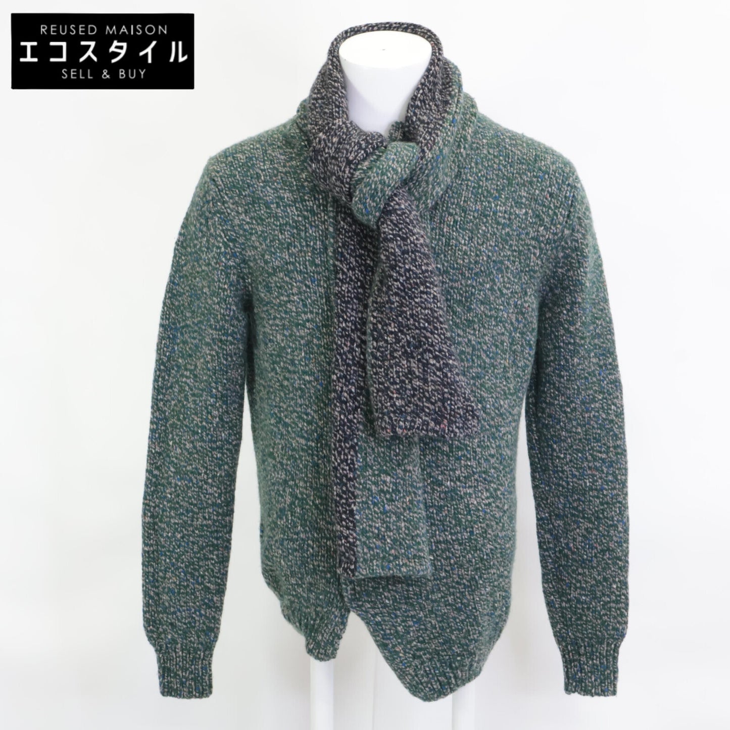 BOTTEGA VENETA ボッテガヴェネタ ｸﾞﾘｰﾝ×ｸﾞﾚｰ ｶｼﾐﾔ×ｳｰﾙ混 ｽﾄｰﾙ付きﾆｯﾄ トップス 48