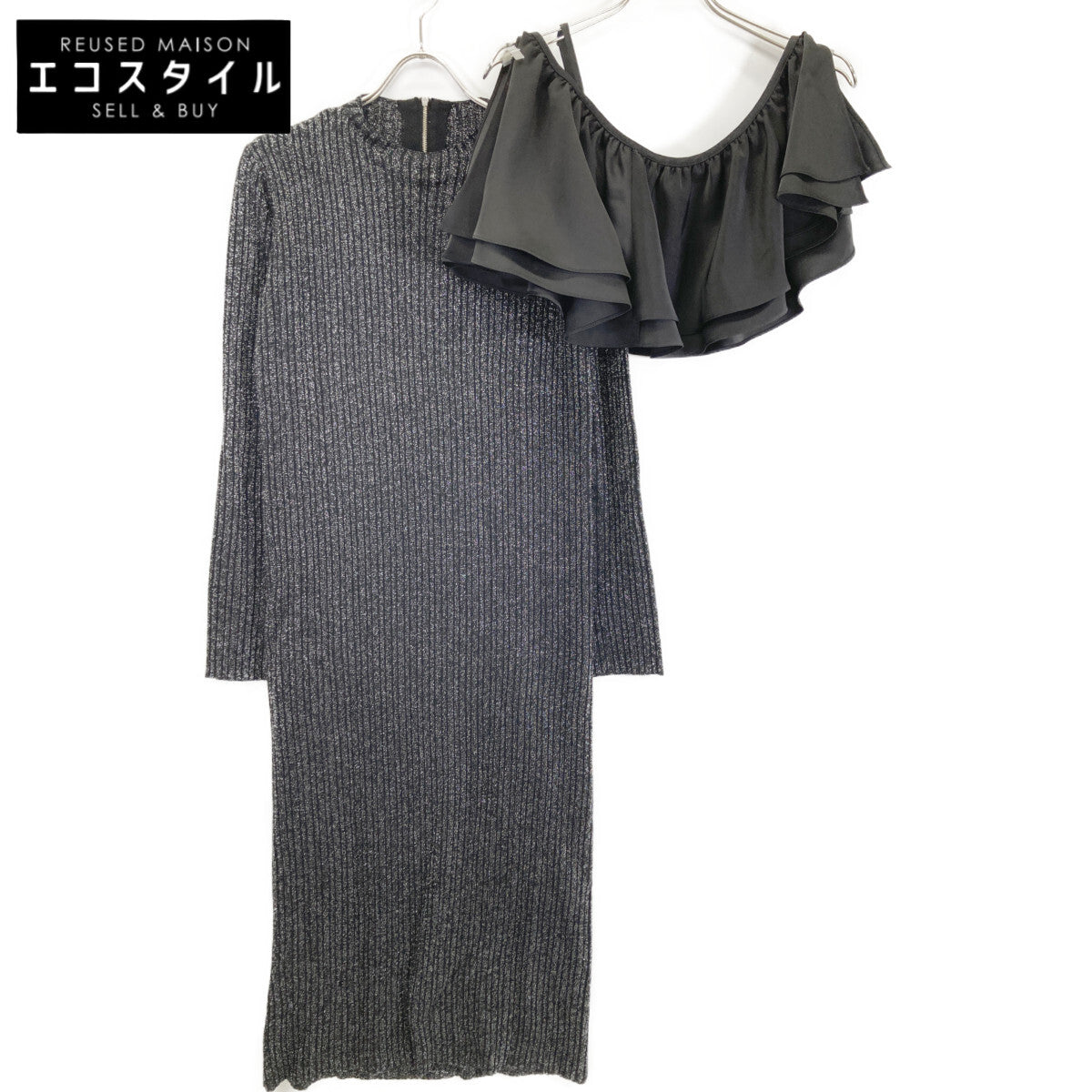 AMERI アメリ 【×MIREI KIRITANI】ﾌﾞﾗｯｸ ｽﾊﾟﾝｺｰﾙ ﾗｯﾌﾙ ﾆｯﾄﾄﾞﾚｽ ワンピース Ｓ