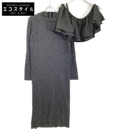 AMERI アメリ 【×MIREI KIRITANI】ﾌﾞﾗｯｸ ｽﾊﾟﾝｺｰﾙ ﾗｯﾌﾙ ﾆｯﾄﾄﾞﾚｽ ワンピース Ｓ