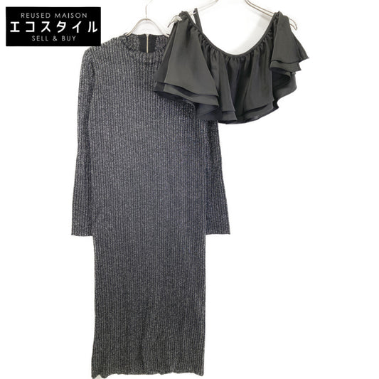 AMERI アメリ 【×MIREI KIRITANI】ﾌﾞﾗｯｸ ｽﾊﾟﾝｺｰﾙ ﾗｯﾌﾙ ﾆｯﾄﾄﾞﾚｽ ワンピース Ｓ