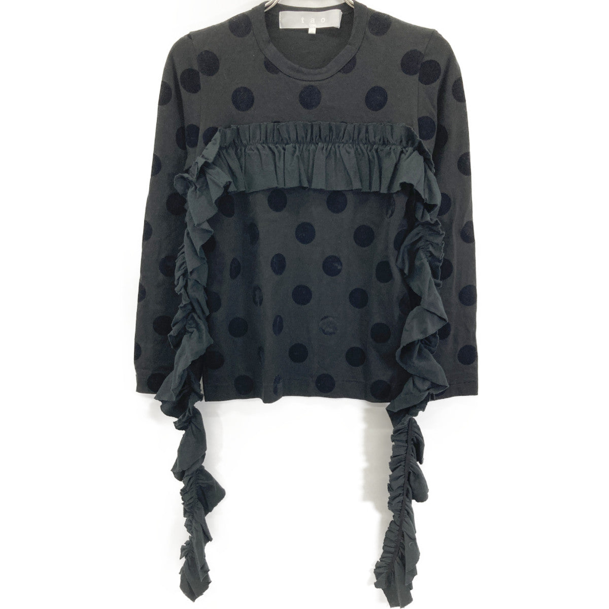 タオ TAO 22年製 TJ-T004 ﾌﾞﾗｯｸ ﾄﾞｯﾄ ﾌﾘﾙﾃﾞｻﾞｲﾝ ｶｯﾄｿｰ トップス Ｓ