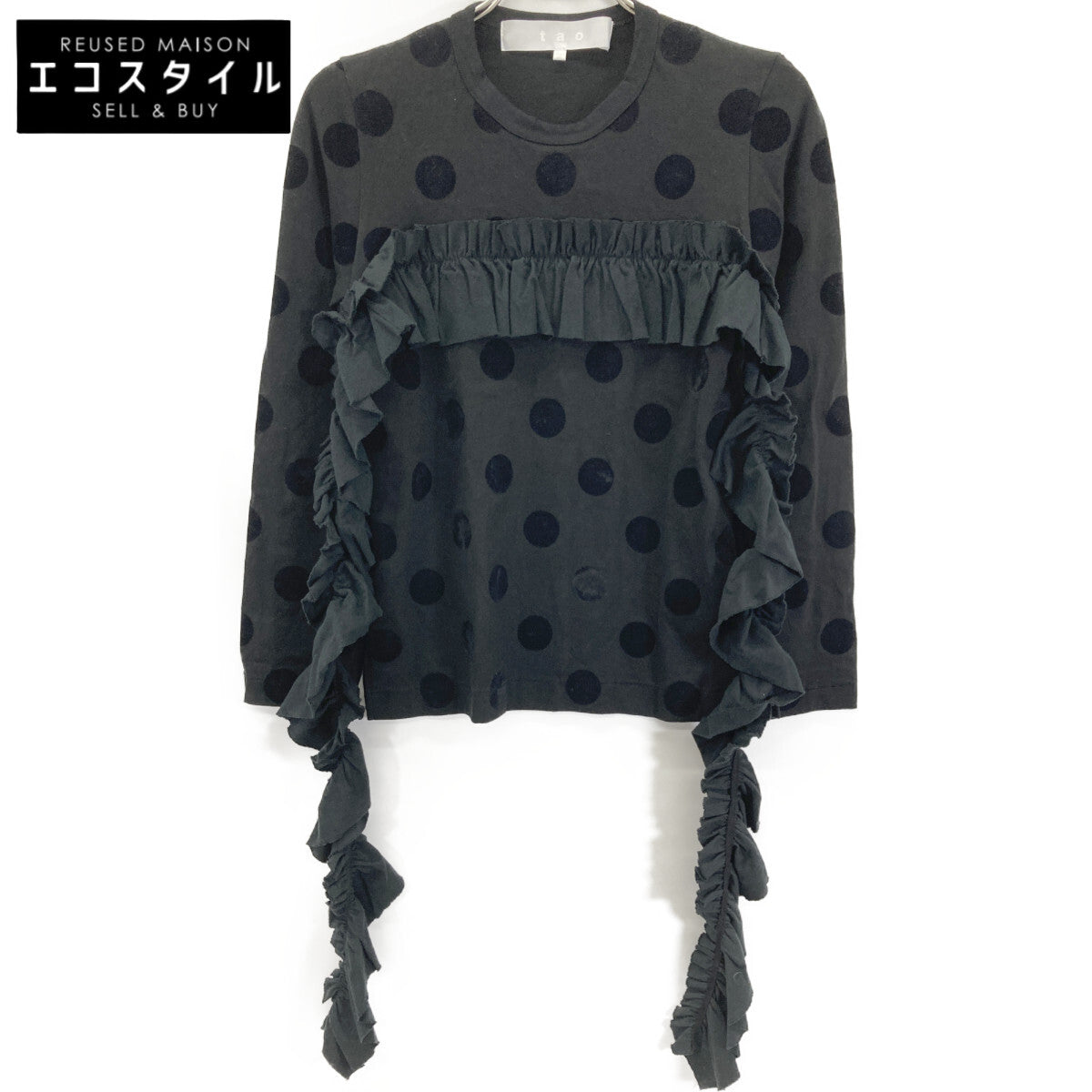 タオ TAO 22年製 TJ-T004 ﾌﾞﾗｯｸ ﾄﾞｯﾄ ﾌﾘﾙﾃﾞｻﾞｲﾝ ｶｯﾄｿｰ トップス Ｓ