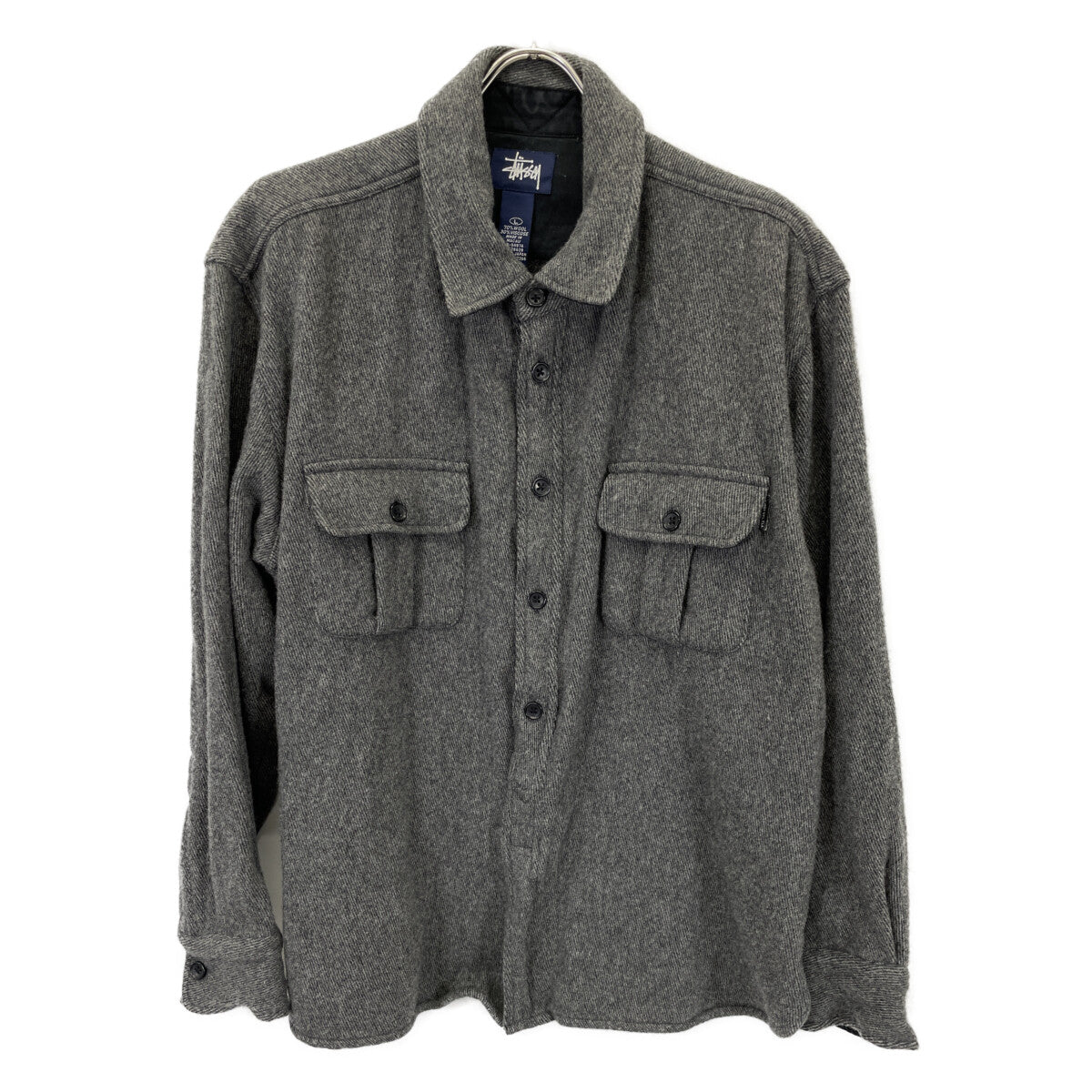 STUSSY ステューシー ｸﾞﾚｰ 紺ﾀｸﾞ ｳｰﾙ 長袖ｼｬﾂ トップス Ｌ