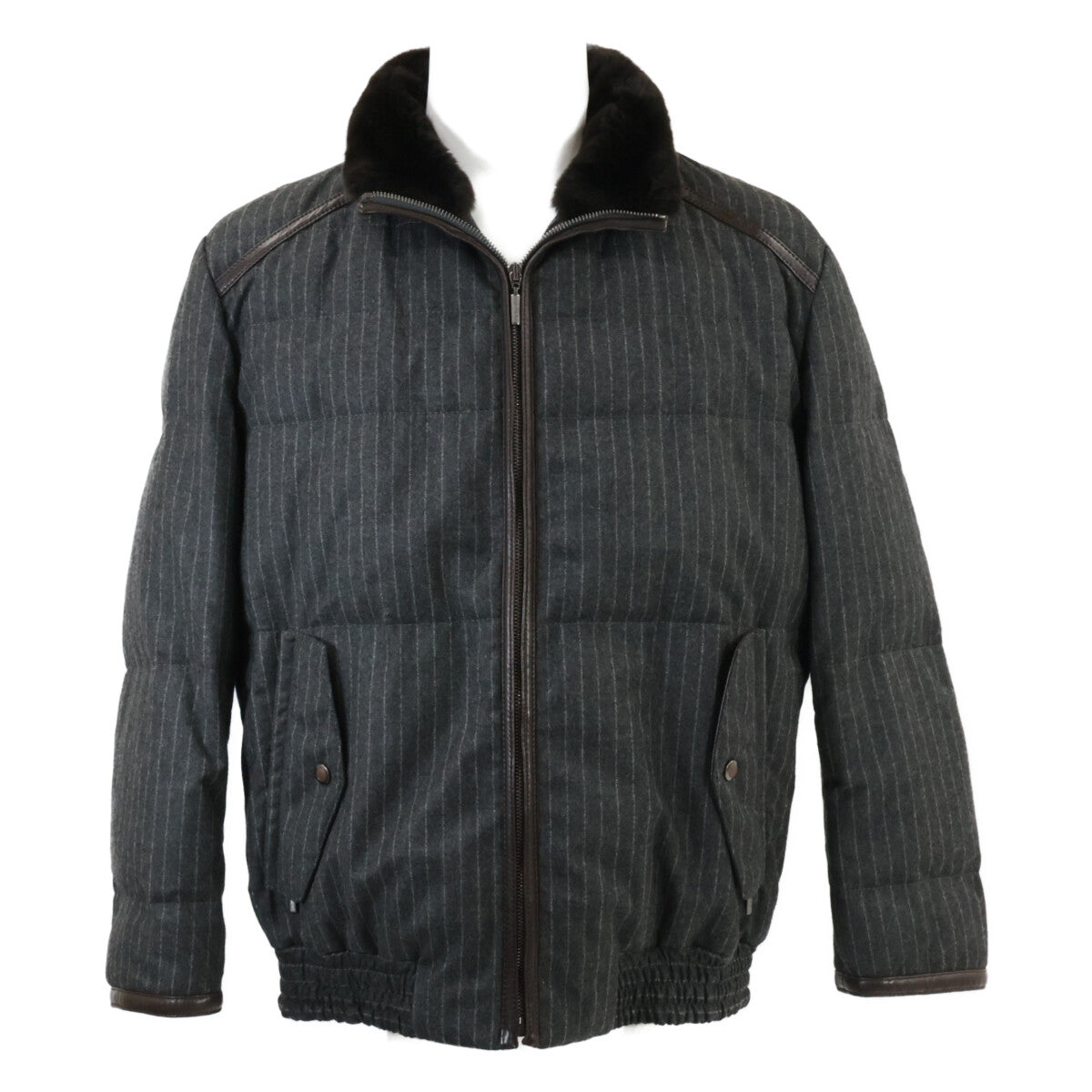 Brioni ブリオーニ 【美品/国内正規】ストライプ ウールｘカシミヤ ビーバーファーカラー ダウンジャケット M
