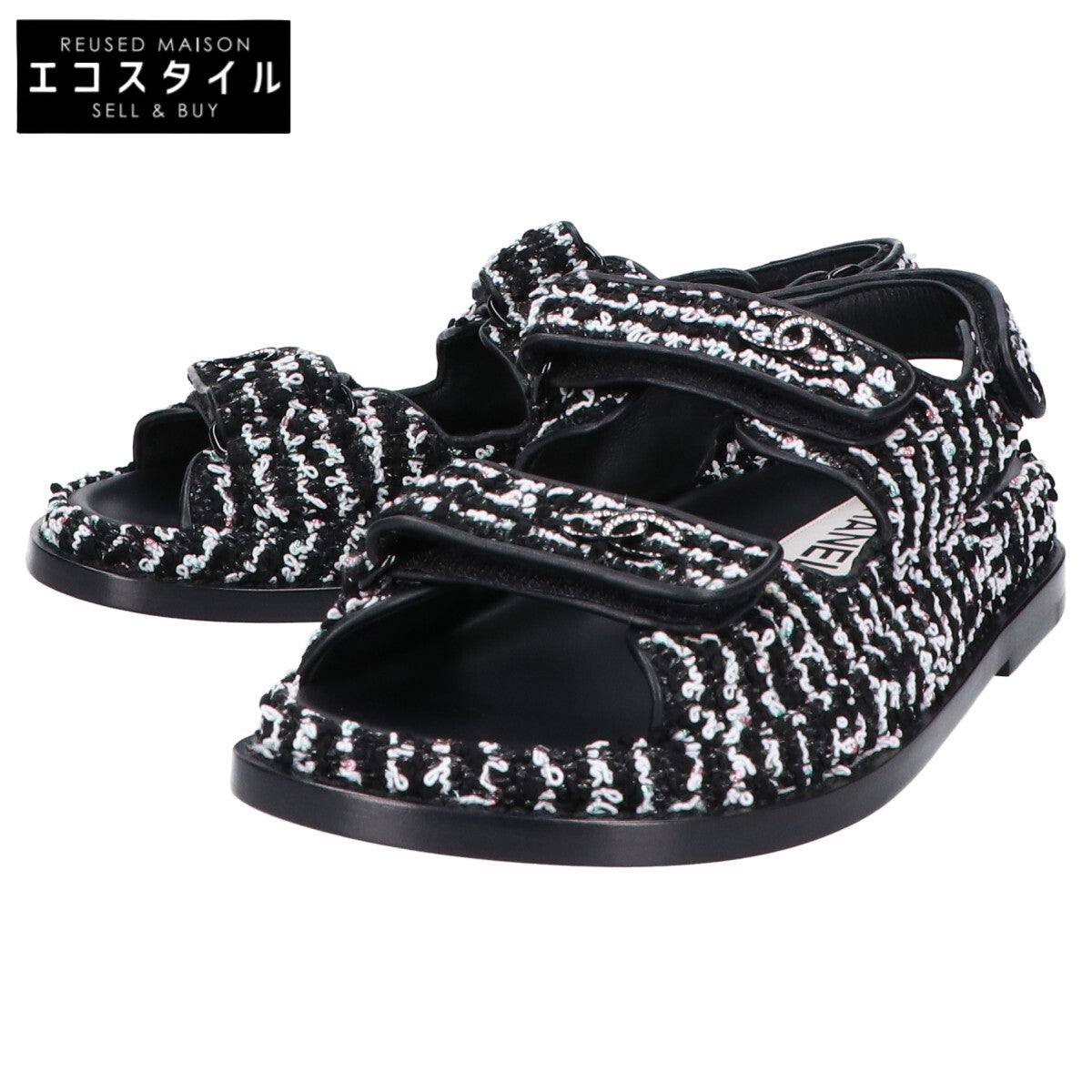 CHANEL シャネル G35927 ココマーク ツイード/レザー フラット サンダル 36C