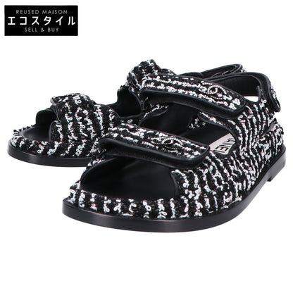 CHANEL シャネル G35927 ココマーク ツイード/レザー フラット サンダル 36C