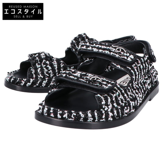 CHANEL シャネル G35927 ココマーク ツイード/レザー フラット サンダル 36C