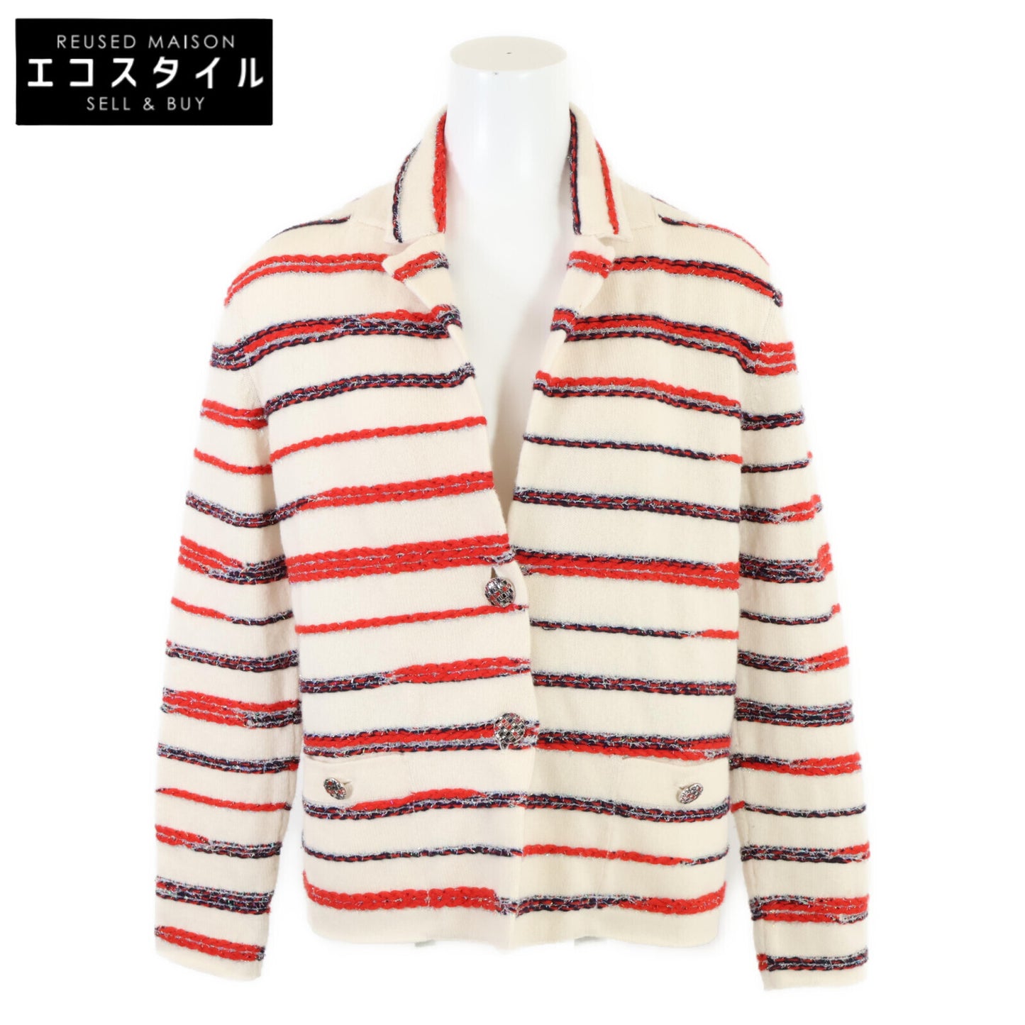 CHANEL シャネル 国内正規 P64262K60201 カシミヤ ボーダー ニットジャケット トップス 38