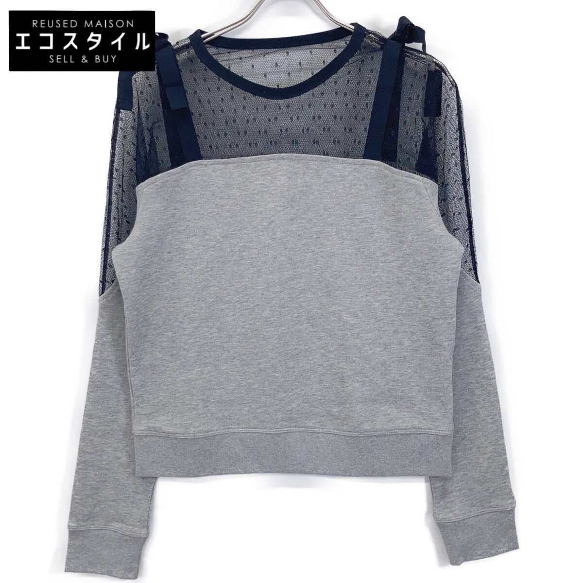 VALENTINO ヴァレンティノ 【Spa】PR3MF04X3JC ｸﾞﾚｰ×ﾌﾞﾗｯｸ ﾚｰｽ ｽｳｪｯﾄ 切り替え ﾄｯﾌﾟｽ トップス S