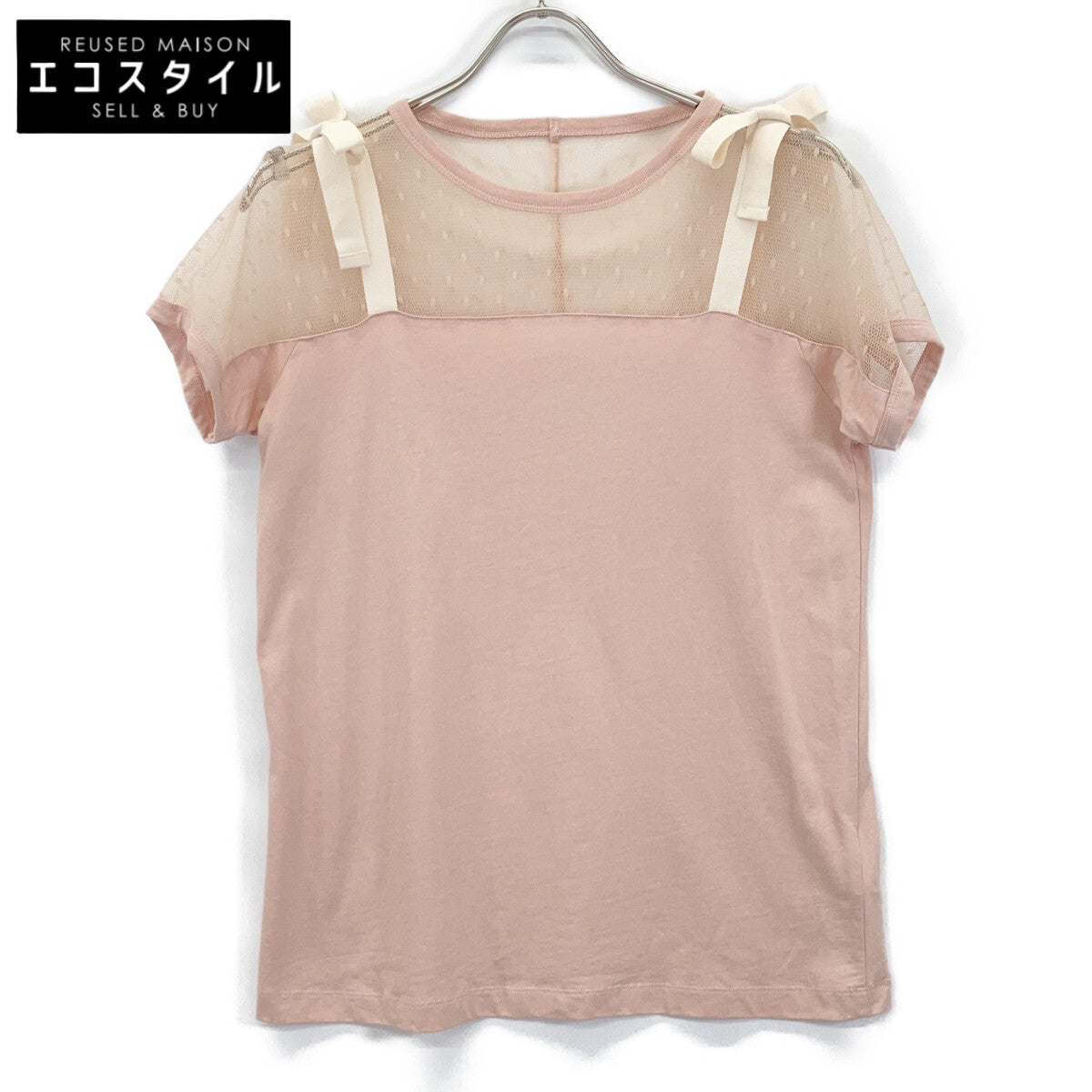 VALENTINO ヴァレンティノ 【Spa】PR3MG07Z3J0 ﾋﾟﾝｸ ﾚｰｽ 切り替え ｼｮﾙﾀﾞｰﾘﾎﾞﾝ ﾄｯﾌﾟｽ トップス S