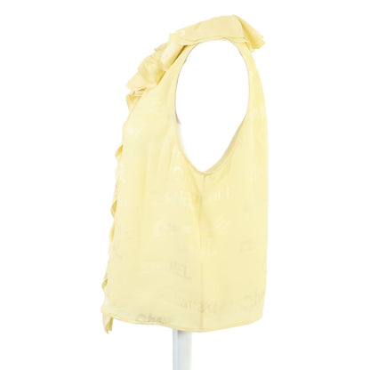 CHANEL シャネル 美品 22SS P72306V63957 シルク ロゴ総柄 ノースリーブ フリル ブラウス 40