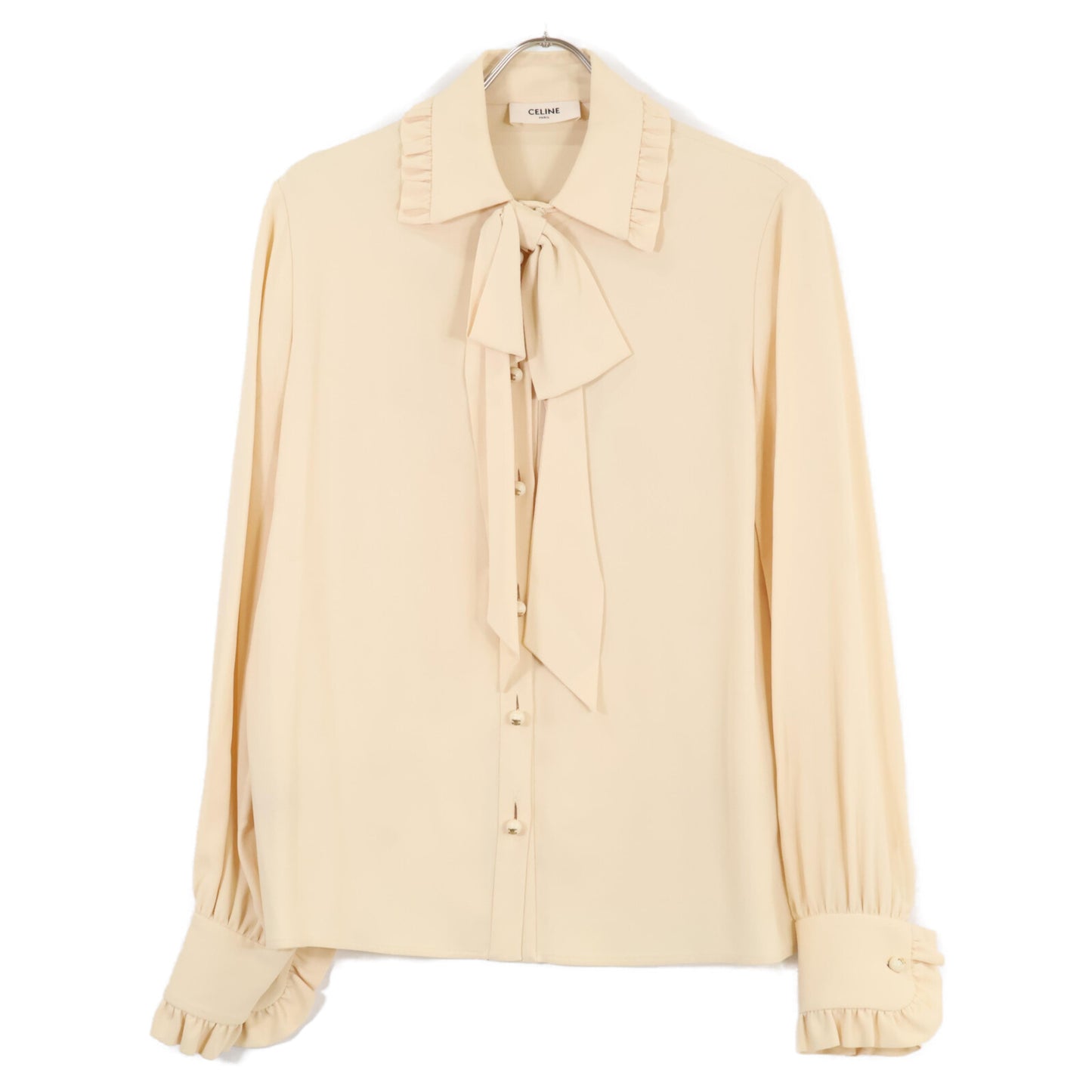 CELINE セリーヌ 2B395865C ﾍﾞｰｼﾞｭ系 ﾄﾘｵﾝﾌﾎﾞﾀﾝ ﾗｰｼﾞﾎﾞｳ付きﾌﾞﾗｳｽ トップス 40