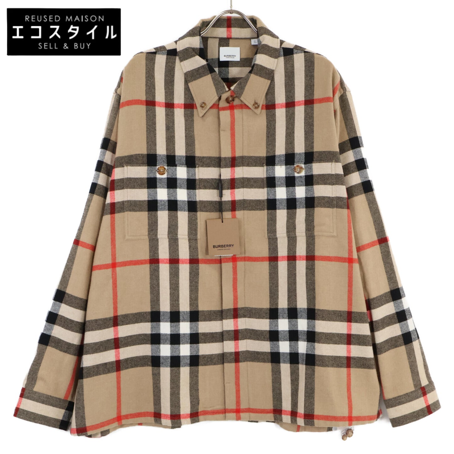 BURBERRY バーバリー 22AW ﾍﾞｰｼﾞｭ 8058584 ｳﾞｨﾝﾃｰｼﾞ ﾁｪｯｸ ﾎﾞﾀﾝ ﾌﾛﾝﾄ ｳｰﾙｼｬﾂ トップス XL