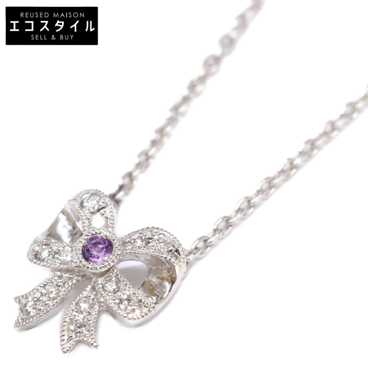 Yoshinob ヨシノブ 美品 AbHeri アベリ PT850xPT900 AM0.01ct D0.04ct リボン ネックレス