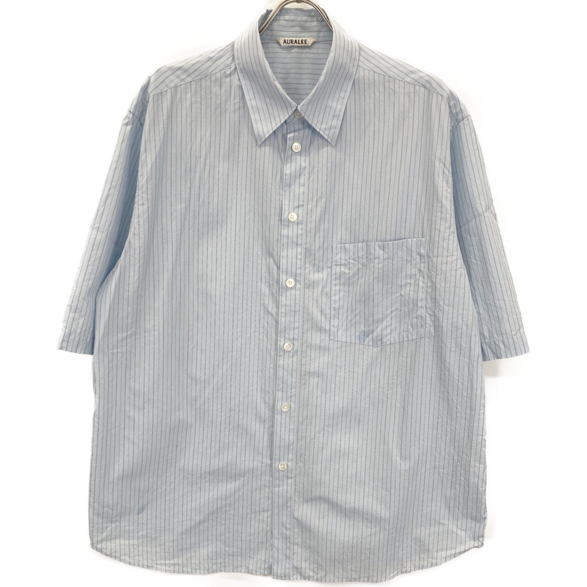 AURALEE オーラリー ﾌﾞﾙｰ SUVIN HIGH COUNT CLOTH ｽﾄﾗｲﾌﾟﾊｰﾌｽﾘｰﾌﾞｼｬﾂ トップス 5