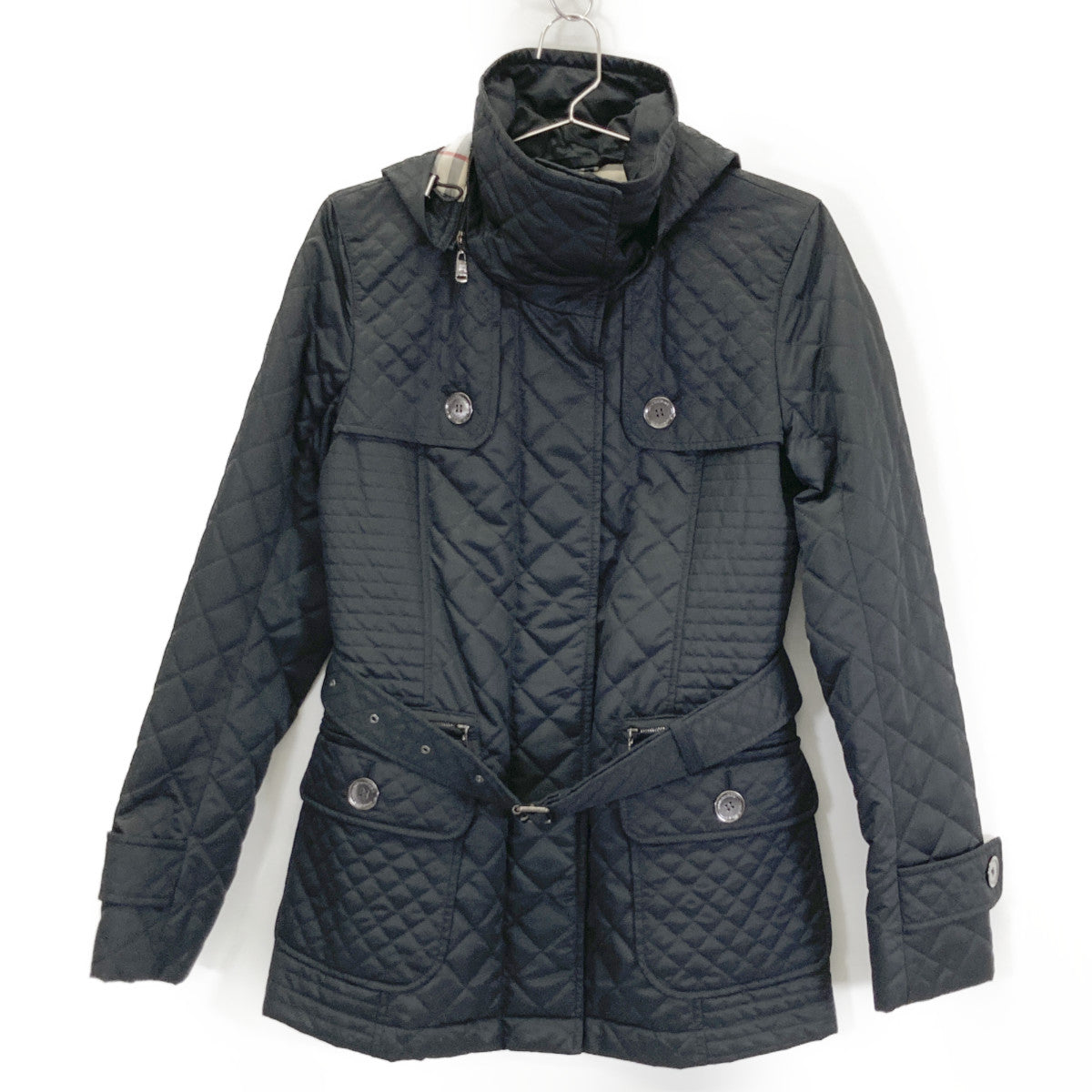 BURBERRY LONDON バーバリーロンドン 08年 ﾌﾞﾗｯｸ FS026-835-09 ｷﾙﾃｨﾝｸﾞﾌｰﾄﾞﾍﾞﾙﾄ付きｺｰﾄ コート 36