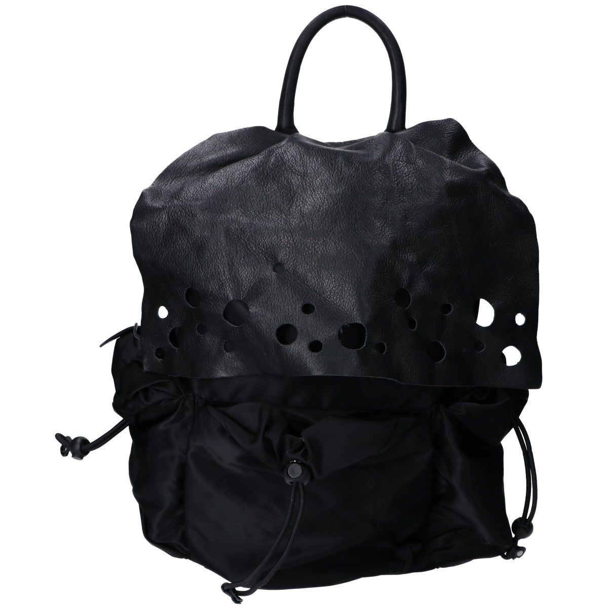 慈雨 ジウ ナイロンｘレザー ドット柄カットワークフラップ リュック バックパック