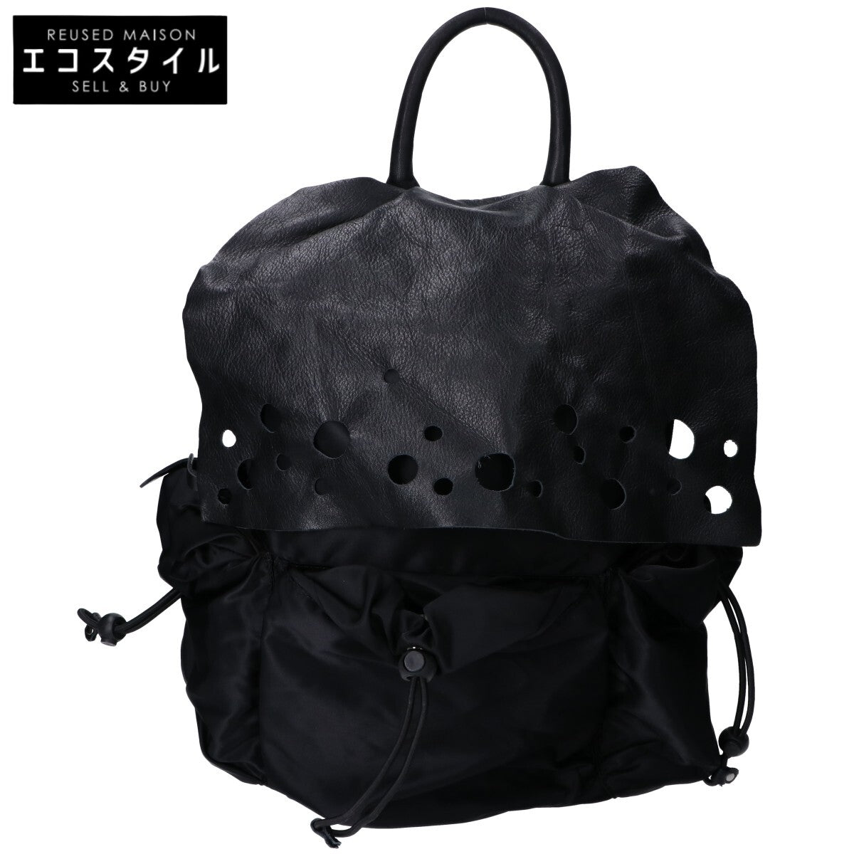 慈雨 ジウ ナイロンｘレザー ドット柄カットワークフラップ リュック バックパック