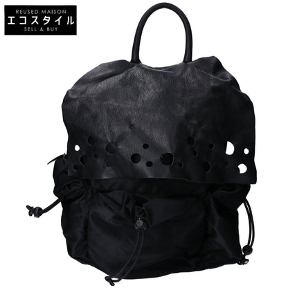 慈雨 ジウ ナイロンｘレザー ドット柄カットワークフラップ リュック バックパック
