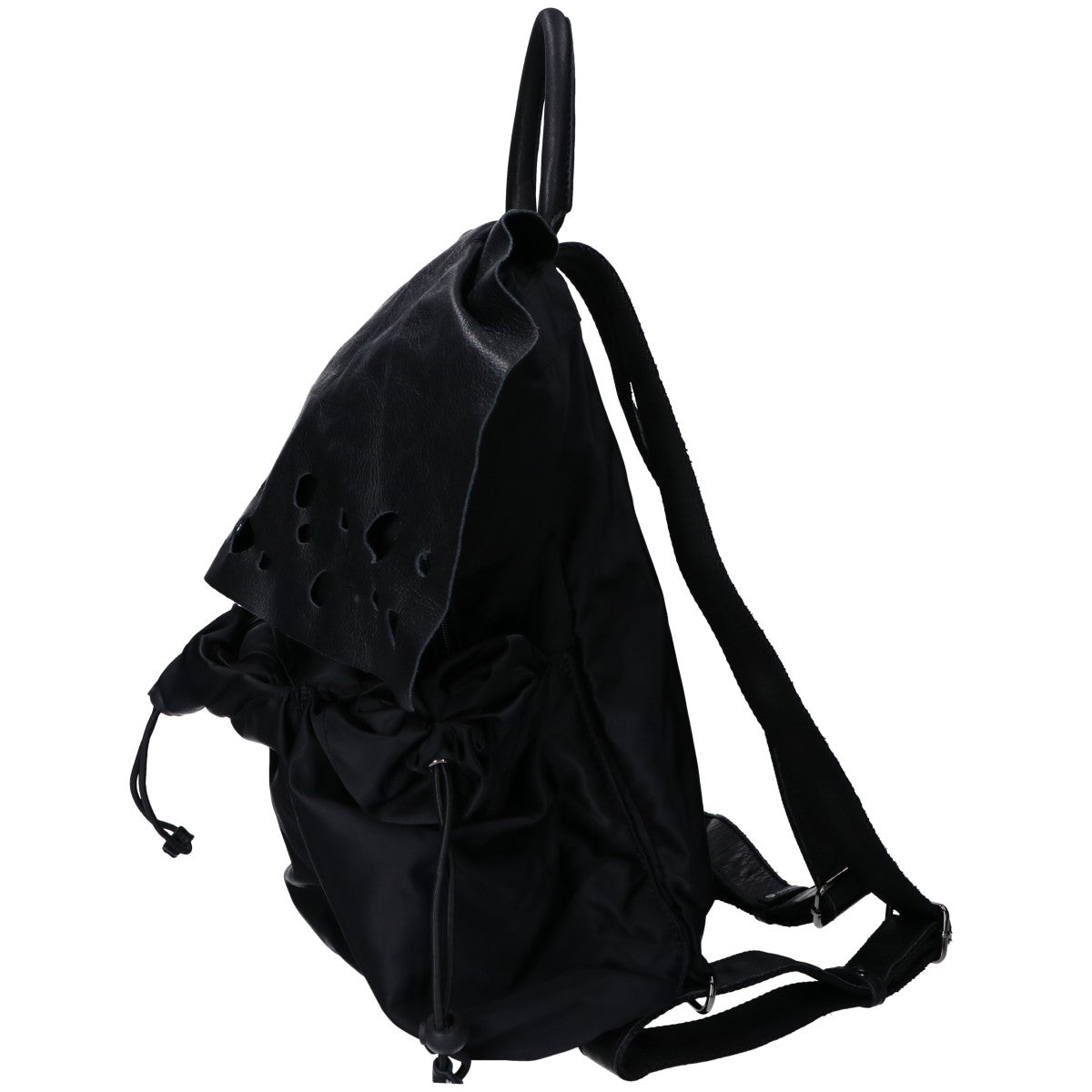 慈雨 ジウ ナイロンｘレザー ドット柄カットワークフラップ リュック バックパック