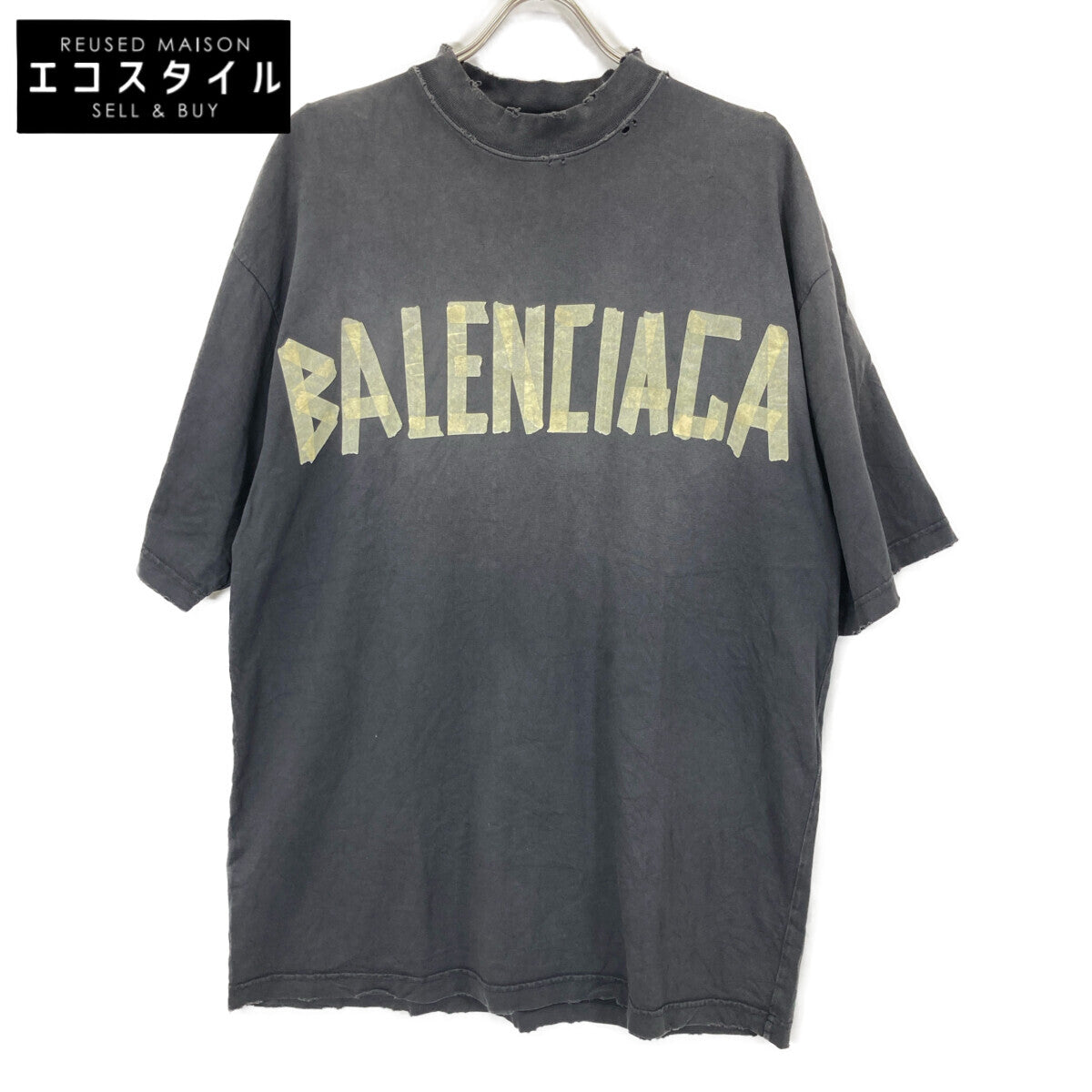 BALENCIAGA バレンシアガ 739764 ﾃｰﾌﾟﾛｺﾞ ｸﾗｯｼｭ加工 ｵｰﾊﾞｰTｼｬﾂ トップス XS