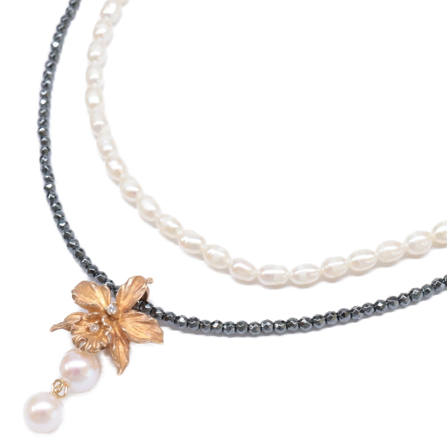 TOMOKO OCHIAI 落合朋子 K18 x SV925 パールx0.03ct ダイヤモンド花モチーフ＆ヘマタイト 2連 ネックレス