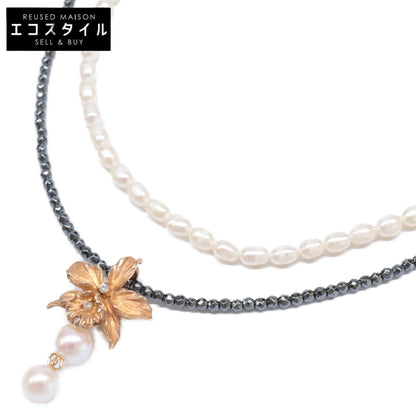 TOMOKO OCHIAI 落合朋子 K18 x SV925 パールx0.03ct ダイヤモンド花モチーフ＆ヘマタイト 2連 ネックレス