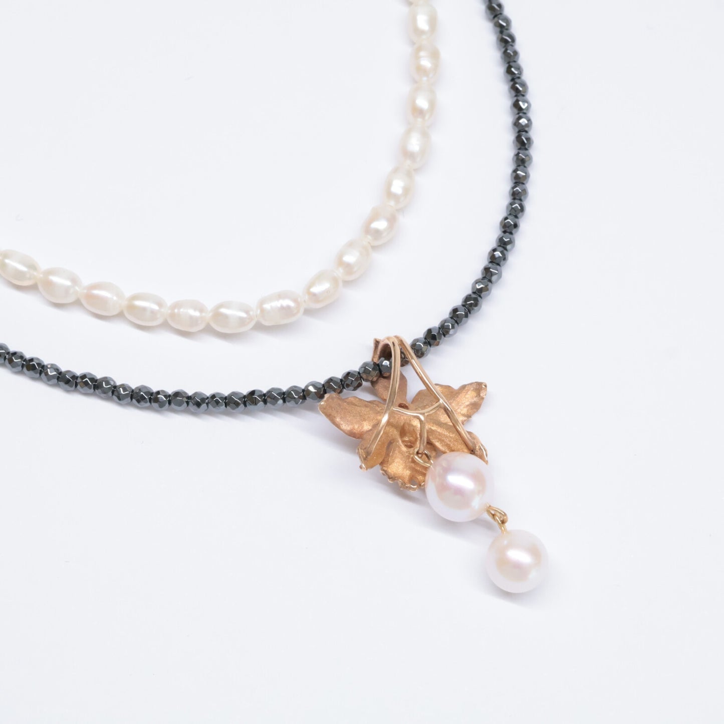 TOMOKO OCHIAI 落合朋子 K18 x SV925 パールx0.03ct ダイヤモンド花モチーフ＆ヘマタイト 2連 ネックレス