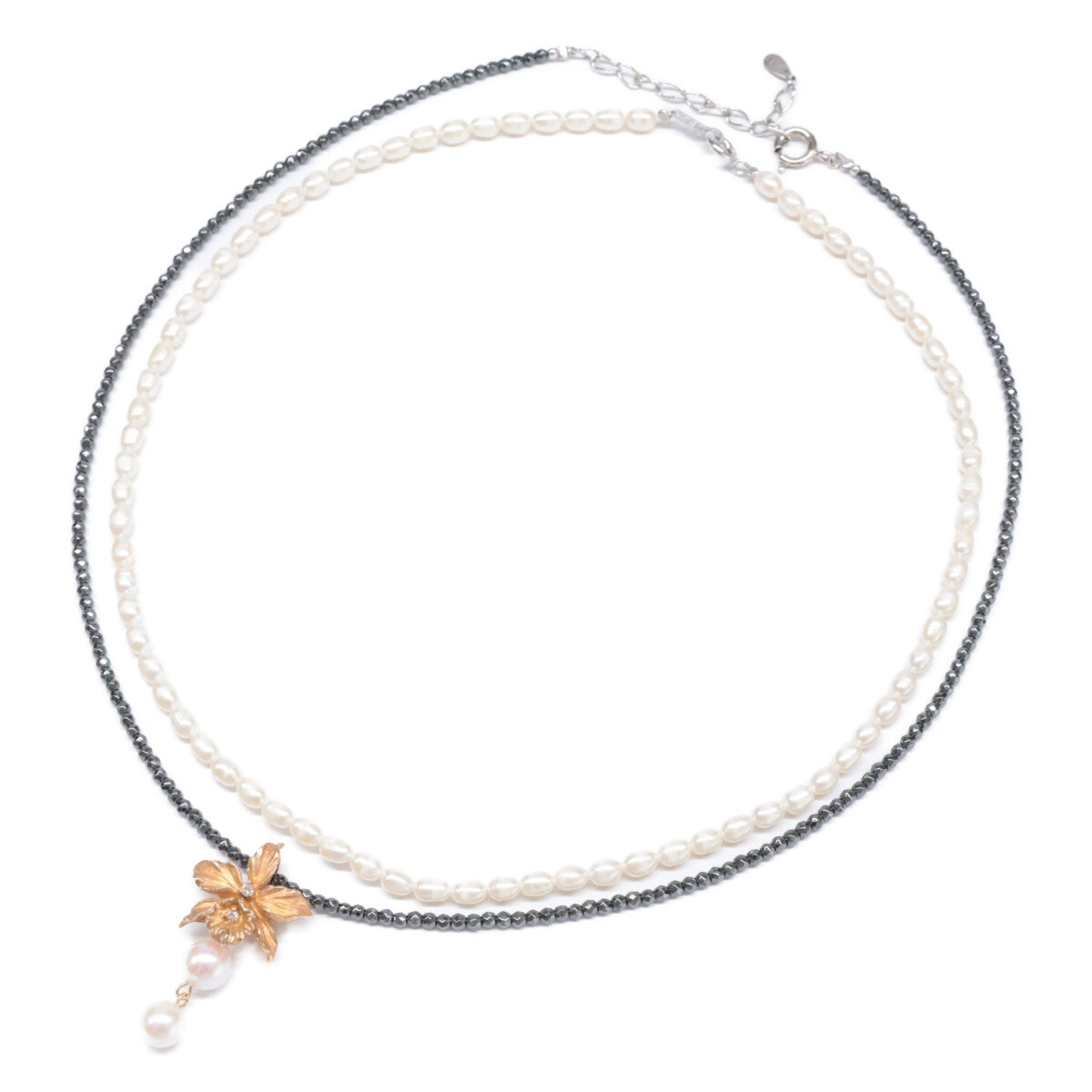TOMOKO OCHIAI 落合朋子 K18 x SV925 パールx0.03ct ダイヤモンド花モチーフ＆ヘマタイト 2連 ネックレス