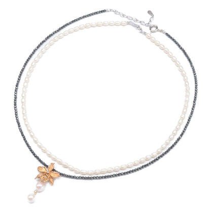 TOMOKO OCHIAI 落合朋子 K18 x SV925 パールx0.03ct ダイヤモンド花モチーフ＆ヘマタイト 2連 ネックレス