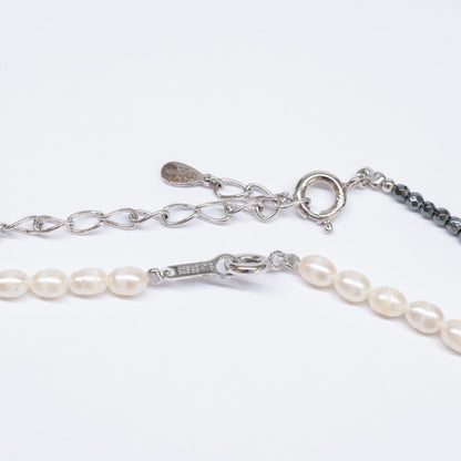 TOMOKO OCHIAI 落合朋子 K18 x SV925 パールx0.03ct ダイヤモンド花モチーフ＆ヘマタイト 2連 ネックレス