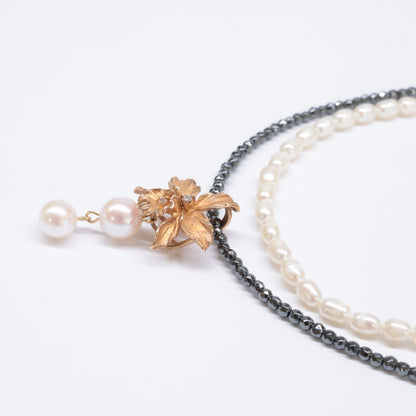 TOMOKO OCHIAI 落合朋子 K18 x SV925 パールx0.03ct ダイヤモンド花モチーフ＆ヘマタイト 2連 ネックレス