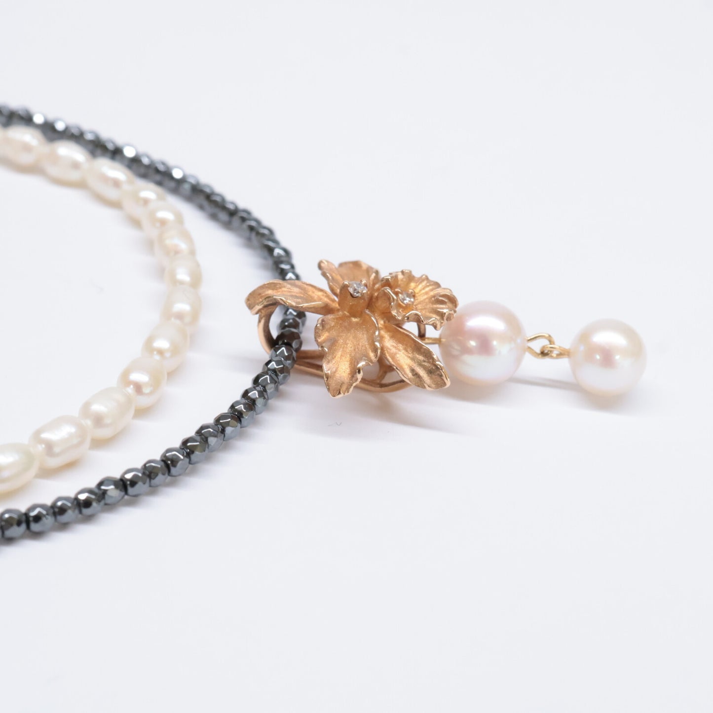 TOMOKO OCHIAI 落合朋子 K18 x SV925 パールx0.03ct ダイヤモンド花モチーフ＆ヘマタイト 2連 ネックレス