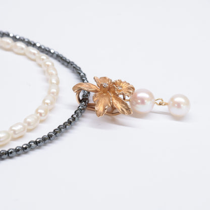 TOMOKO OCHIAI 落合朋子 K18 x SV925 パールx0.03ct ダイヤモンド花モチーフ＆ヘマタイト 2連 ネックレス