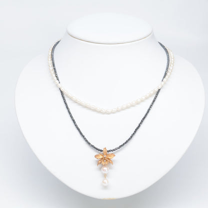 TOMOKO OCHIAI 落合朋子 K18 x SV925 パールx0.03ct ダイヤモンド花モチーフ＆ヘマタイト 2連 ネックレス