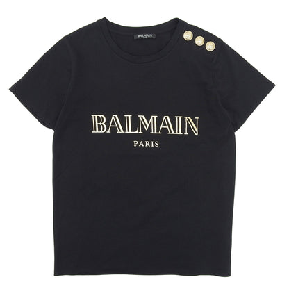 BALMAIN バルマン 美品 コットン ロゴプリント ゴールドボタン Tシャツ トップス レディース 黒 ブラック 34 148120 326I トップス 34